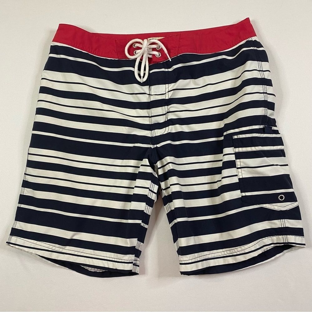 J. Crew Board Shorts Men's 32 Mesh‎ Lined Navy Blue Stripe Beach Summer Preppy